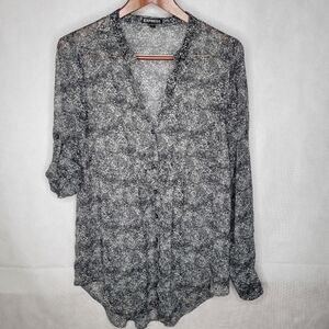 Express Babydoll Tunic Blouse Sheer Gray Floral Long Roll Tab Sleeve Careerwear